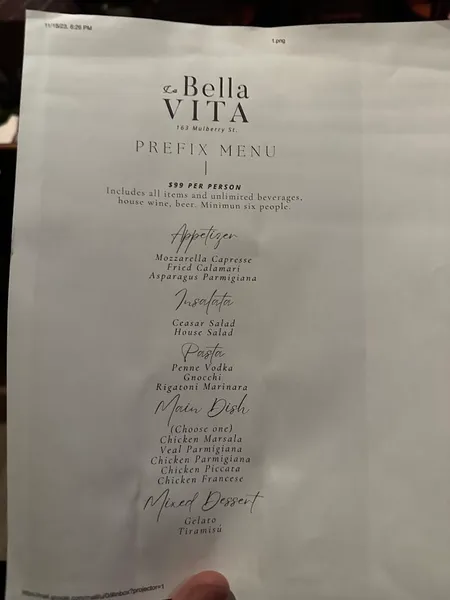 menu of La Bella Vita restaurant