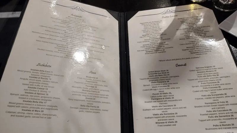 menu of La Bella Vita restaurant