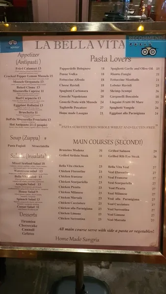 menu of La Bella Vita restaurant