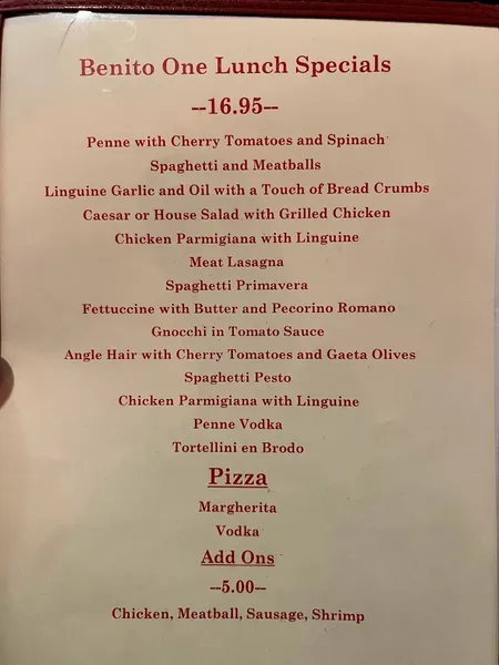 menu of Benito One