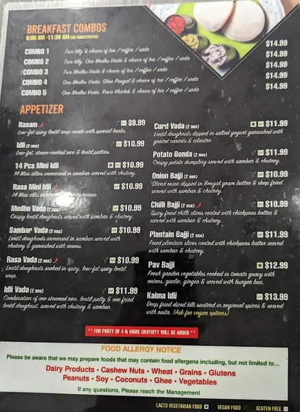 menu of Saravanaa Bhavan