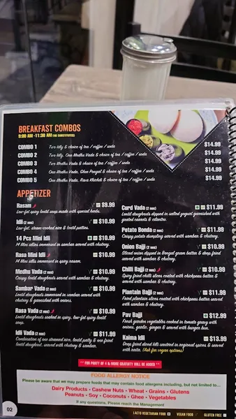 menu of Saravanaa Bhavan