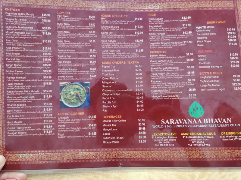 menu of Saravanaa Bhavan