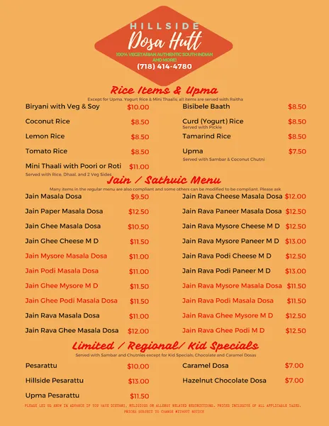 menu of Hillside Dosa Hutt