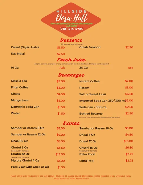 menu of Hillside Dosa Hutt