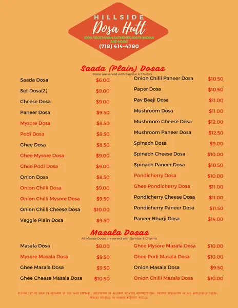 menu of Hillside Dosa Hutt