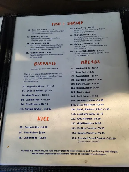 menu of Jassi's Fine Indian Cuisine