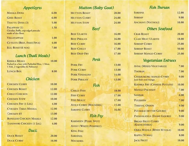 menu of Taste of Kerala Kitchen