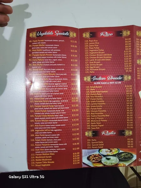 menu of Golden Punjab