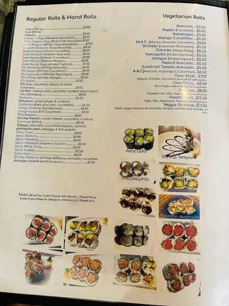 menu of Wasabi Sushi