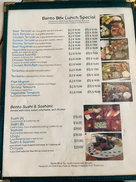 menu of Wasabi Sushi