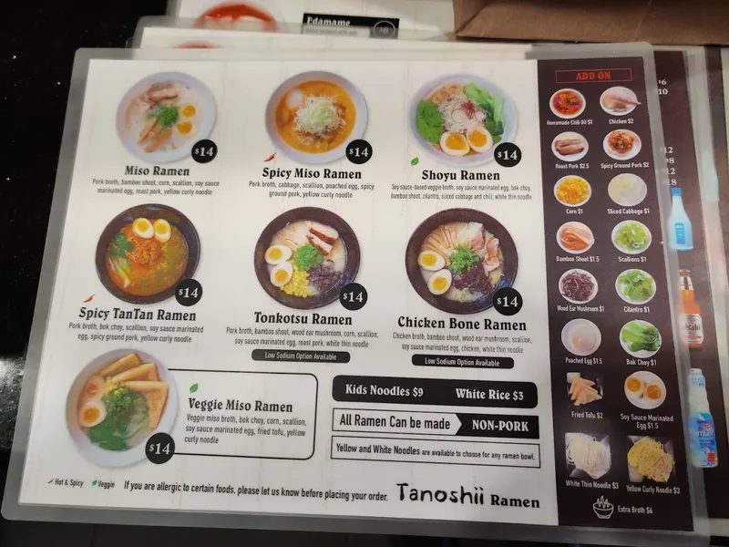 menu of Tanoshii Ramen