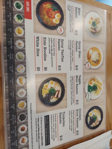 menu of Tanoshii Ramen