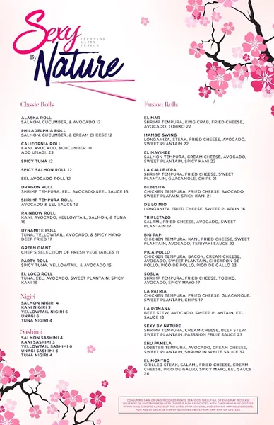 menu of Sexy by Nature Japanese Latin fusion