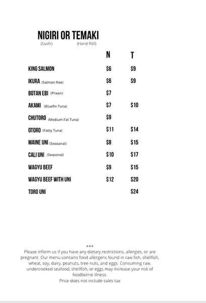 menu of GOHAN SUSHI INC