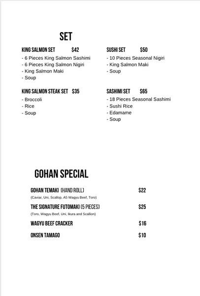 menu of GOHAN SUSHI INC