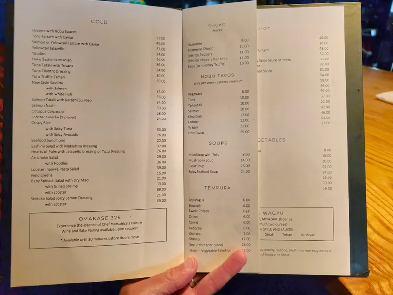 menu of Nobu Fifty Seven