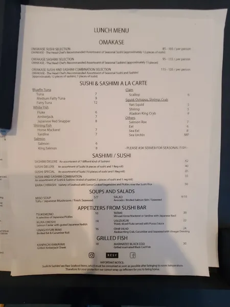 menu of Sushi Ann