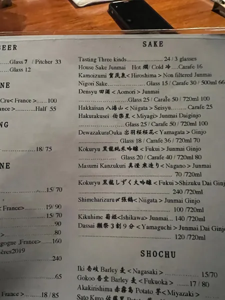 menu of Jukai