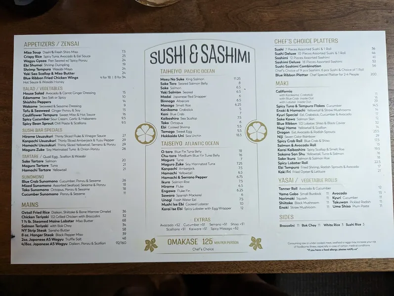 menu of Blue Ribbon Sushi Bar & Grill - Financial District