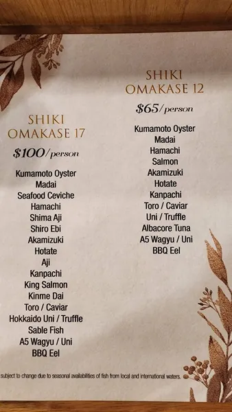 menu of Shiki Omakase