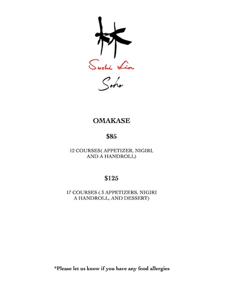 menu of Sushi Lin SoHo