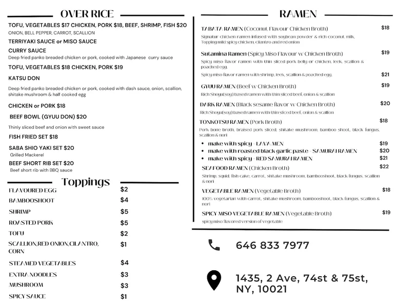 menu of Tabata Ramen & Yakitori Bar