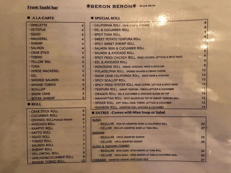 menu of Beron Beron