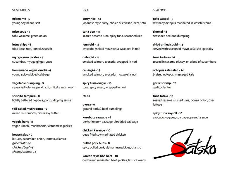 menu of Sake Bar Satsko