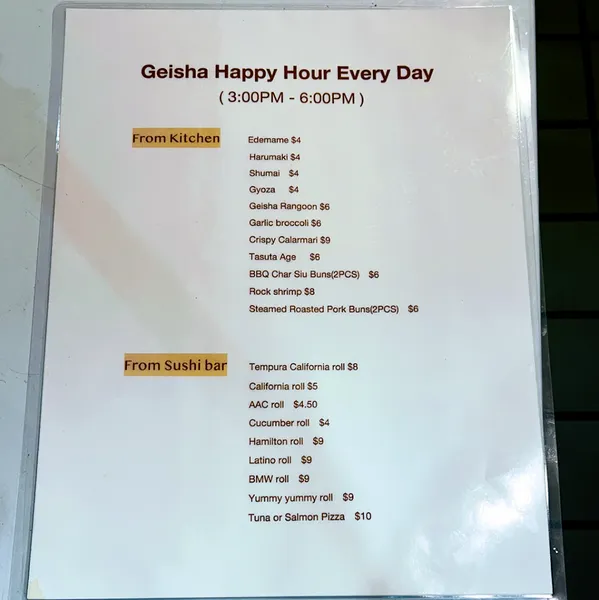 menu of Geisha