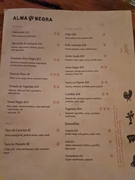 menu of Alma Negra