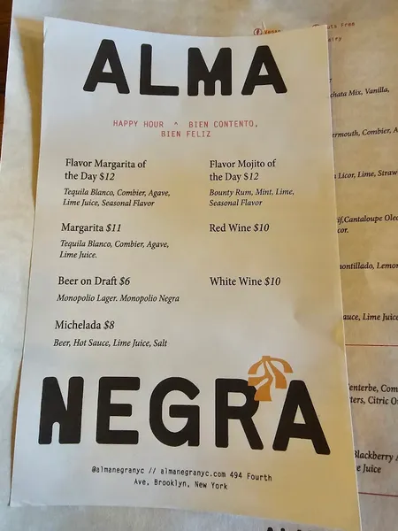 menu of Alma Negra