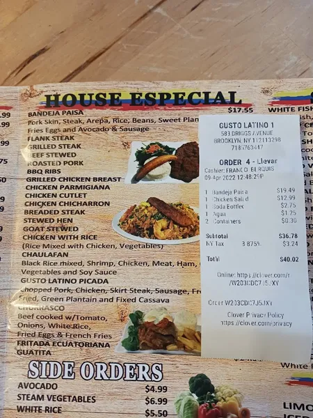 menu of Gusto Latino