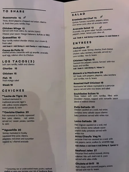 menu of Molkajete Restaurant Bar