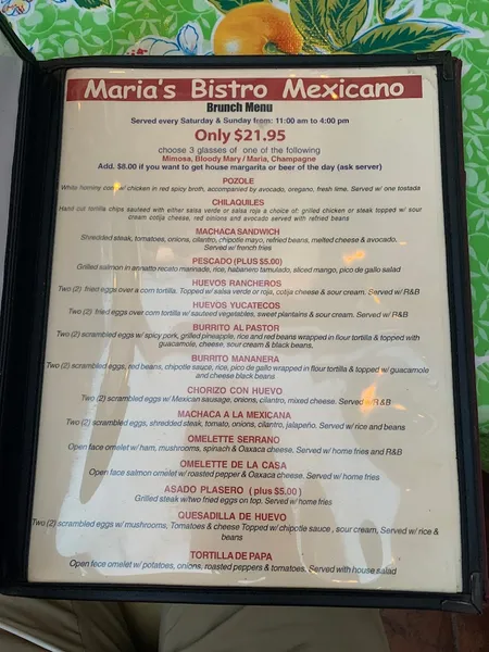 menu of Maria's Bistro Mexicano