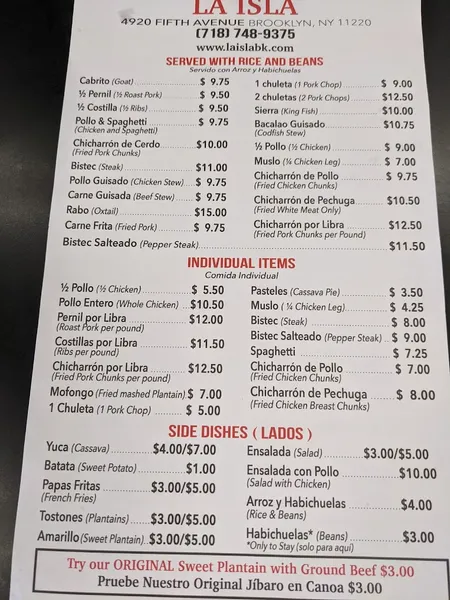 menu of La Isla