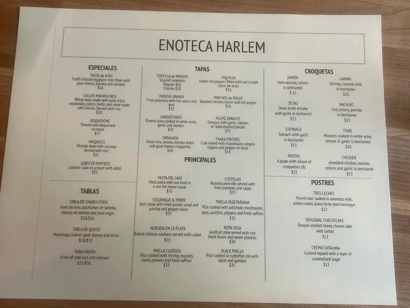 menu of Enoteca Harlem