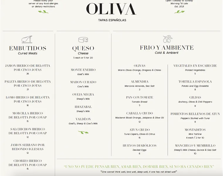 menu of Oliva Tapas Españolas