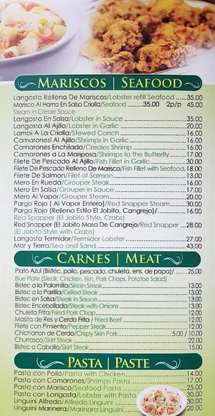 menu of El Jobito