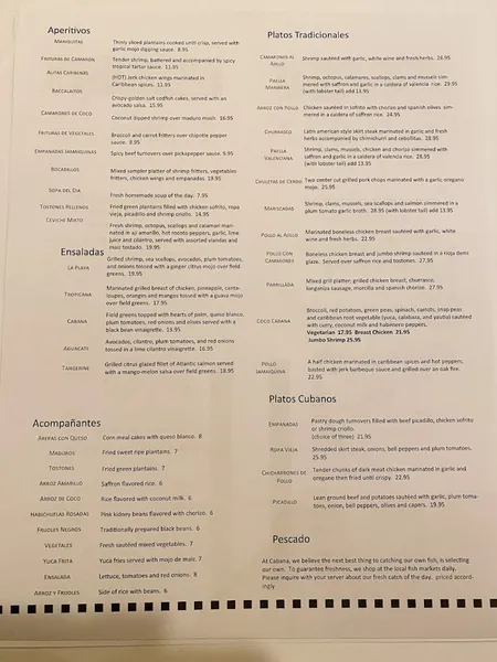 menu of Cabana