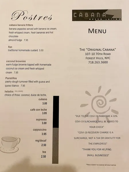 menu of Cabana