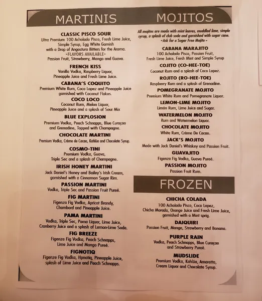 menu of Cabana