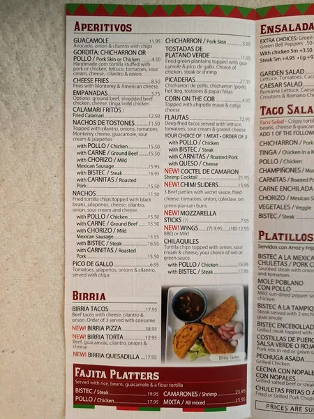 menu of El Rey Latino