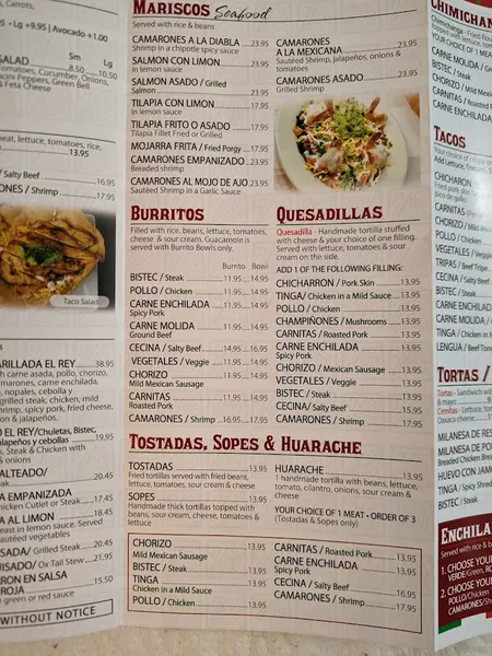 menu of El Rey Latino