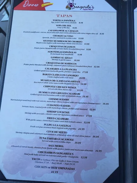 menu of Sangarita's Tapas Wine