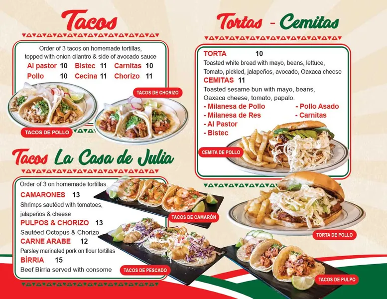 menu of LA Casa de Julia