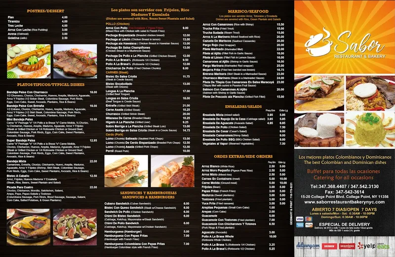 menu of Sabor Restaurant & Bakery