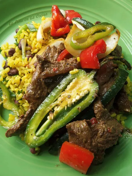 Pepper Steak with Rice and Beans La Isla