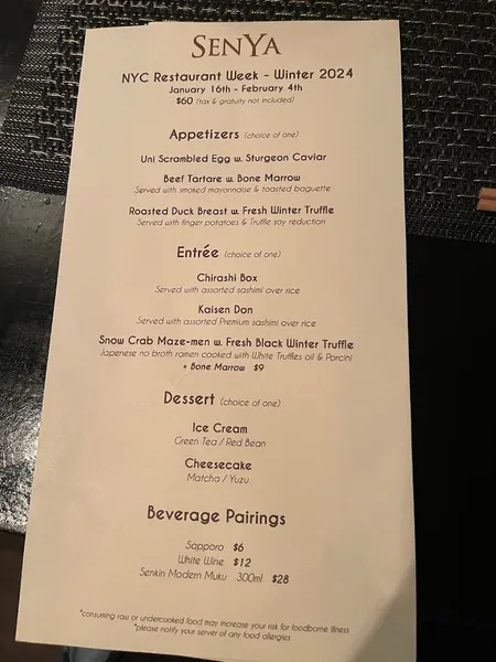 menu of SenYa