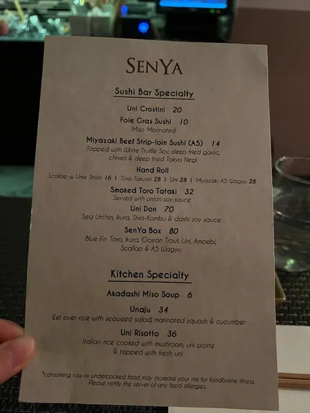 menu of SenYa